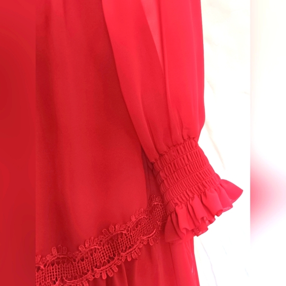 Beautiful red lace and ruffle poof sleeve, prairie peasant dress. Medium. Lilium - Picture 10 of 13